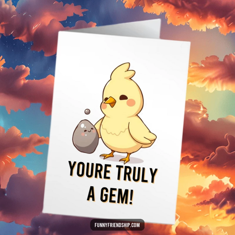 Funny Free Printable Congratulations Card: A proud bird offers a shiny pebble, symbolizing a great accomplishment.