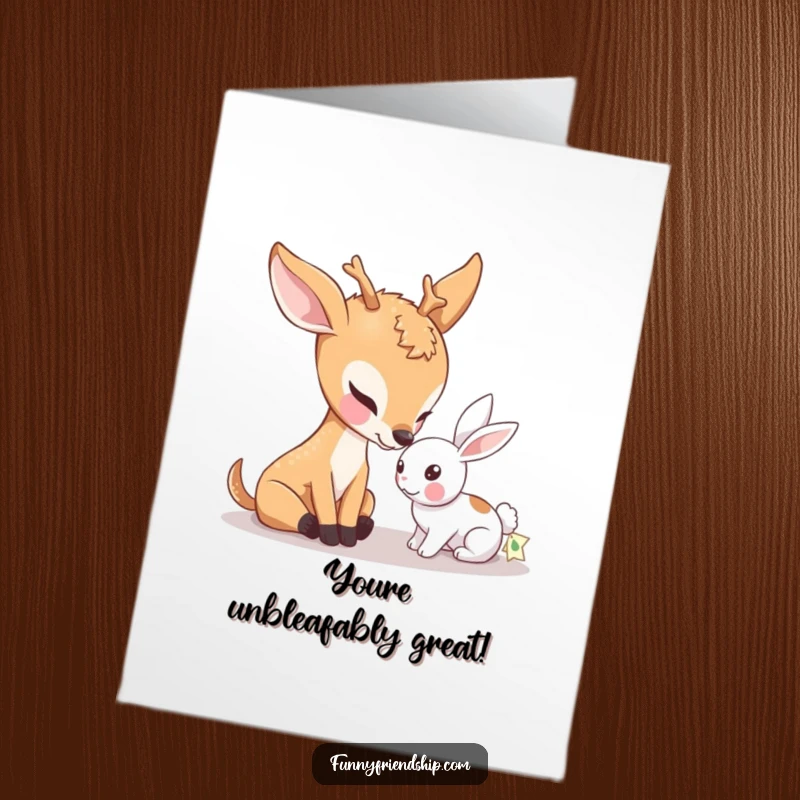 Funny Free Printable Congratulations Card featuring a tender moment where a deer gently nudges a rabbit, perfect for celebrating achievements.
