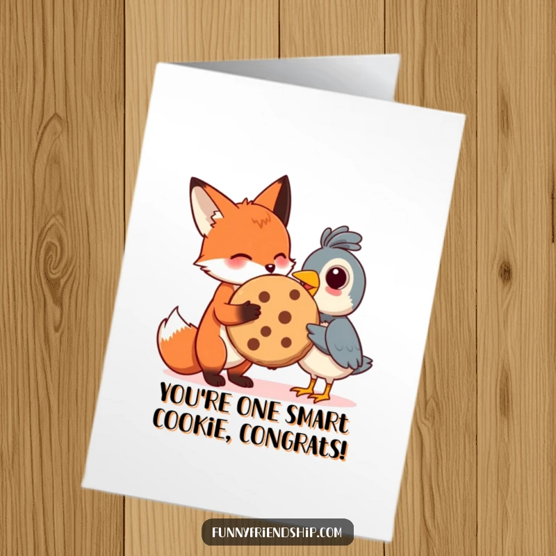 Funny Free Printable Congratulations Card featuring a fox and bird sharing a giant cookie, celebrating achievements with a sweet and friendly gesture.