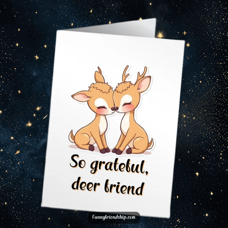 Sweet free printable deer card, two deer sharing an affectionate nuzzle, showing gratitude.