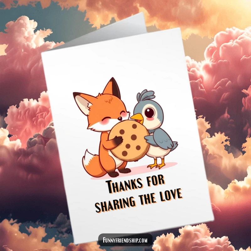Funny Free Printable Thank You Card with a fox sharing a large cookie with a bird, expressing sincere thanks with a heartwarming gesture.