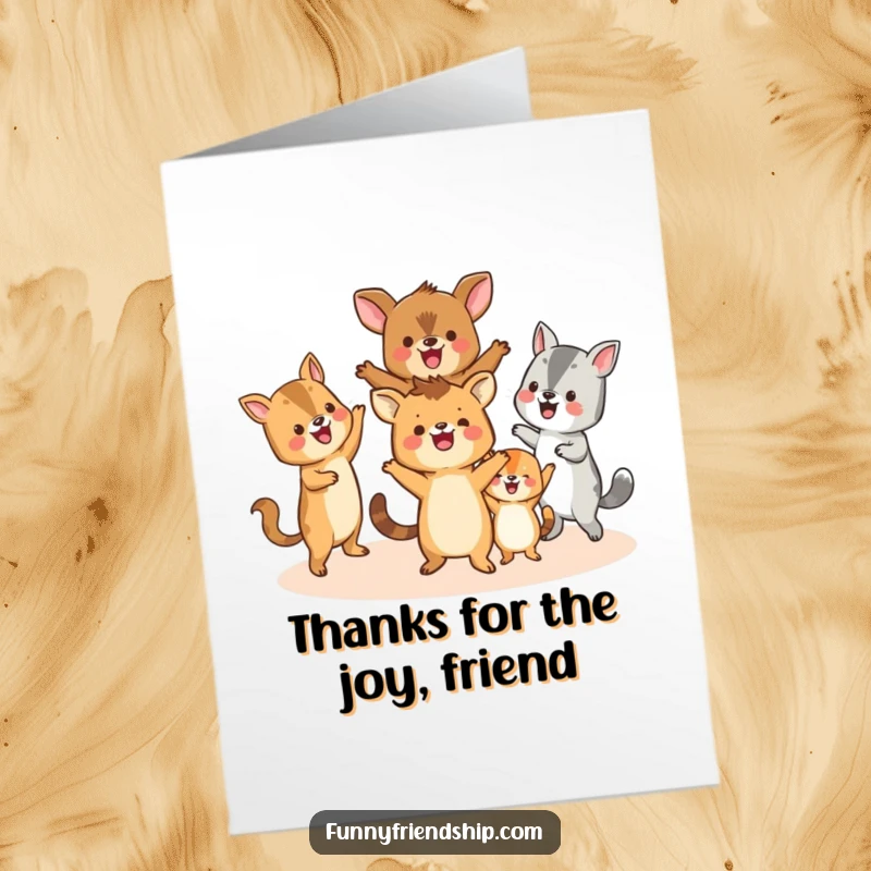 Funny Free Printable Thank You Card featuring happy animals doing a cheerful circle dance, expressing heartfelt thanks with playful energy.