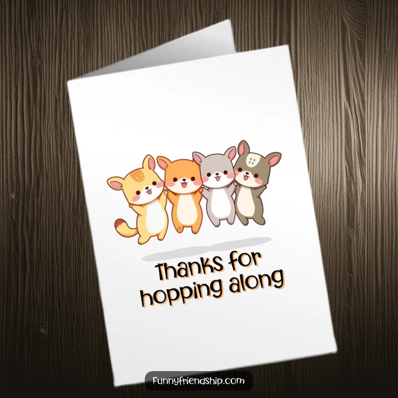Funny Free Printable Thank You Card: A group of small animals jumping with hands held, showing unity.