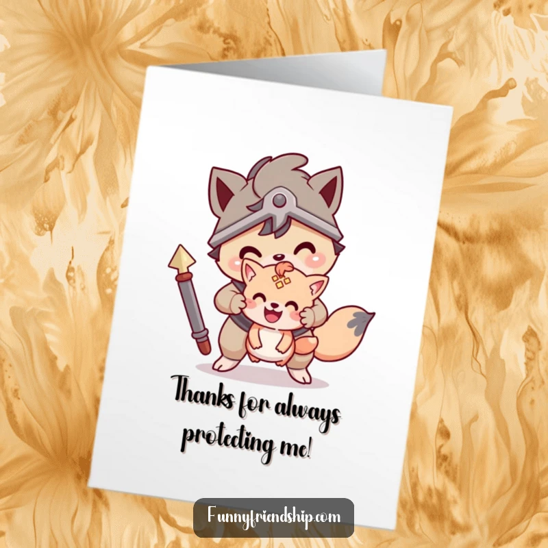 Funny Free Printable Thank You Card: Brave animal character protecting a smaller friend, showing heartfelt thanks. Downloadable gift.