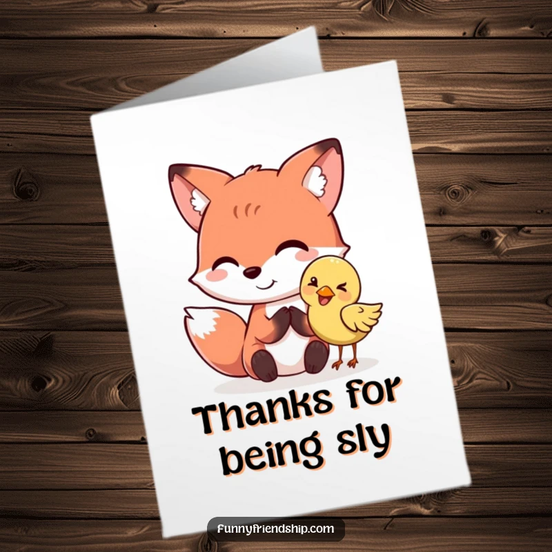 Funny Free Printable Thank You Card: Smiling fox whispering to a giggling bird, a comical DIY thank you gift.