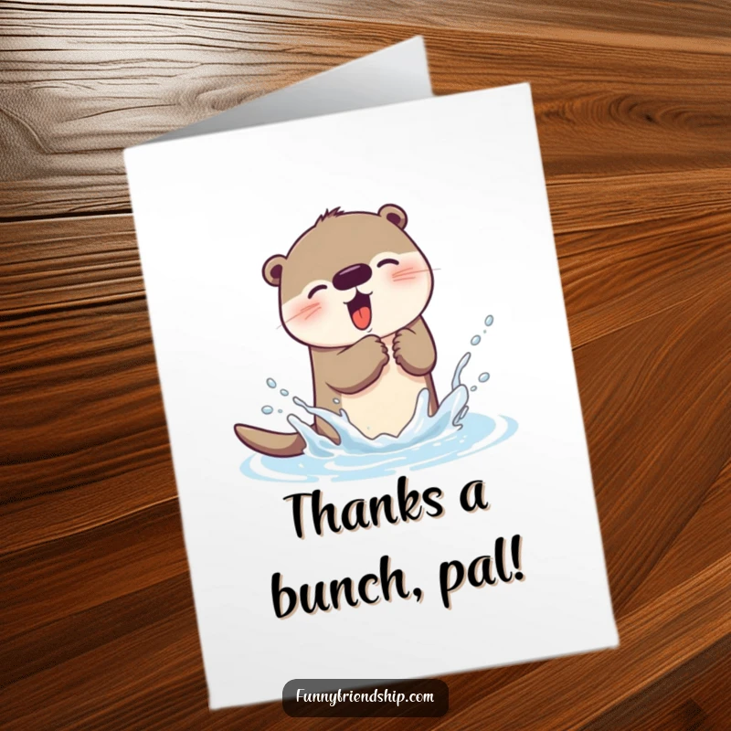 Funny free printable otter card, happy otter splashing water, expressing thanks with a playful gesture.