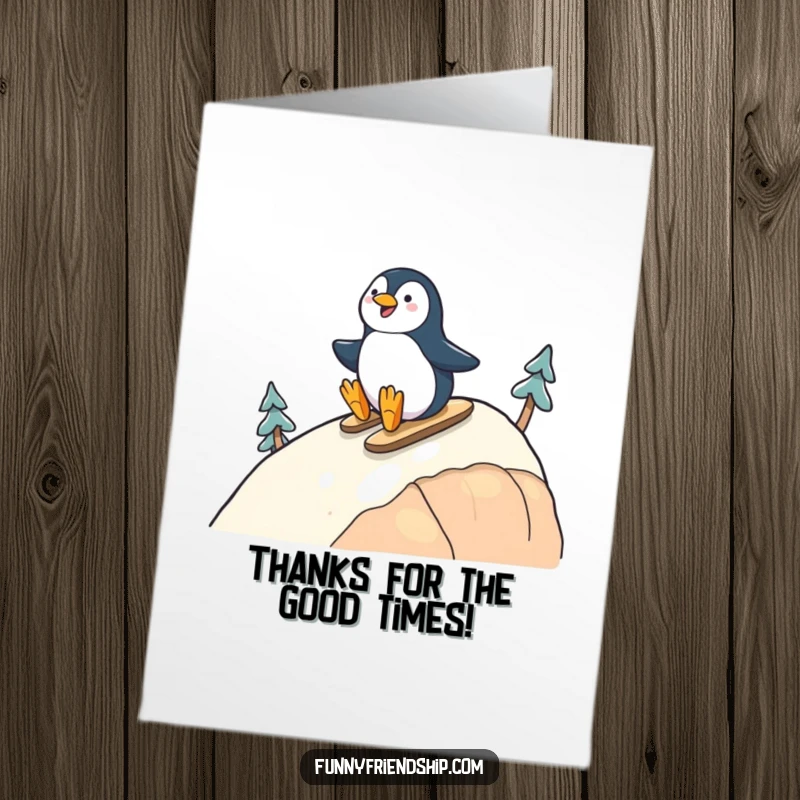 Funny Free Printable Thank You Card: A penguin character sliding down a hill, happily waving to a friend.