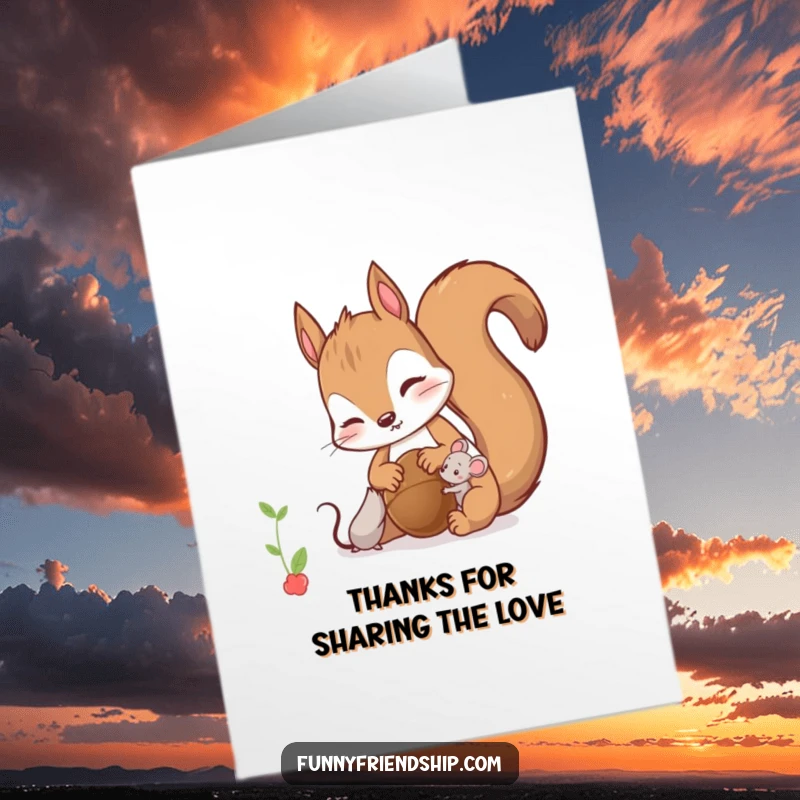 Funny Free Printable Thank You Card: A curious squirrel shares its nut with a tiny mouse, a gesture of great kindness.
