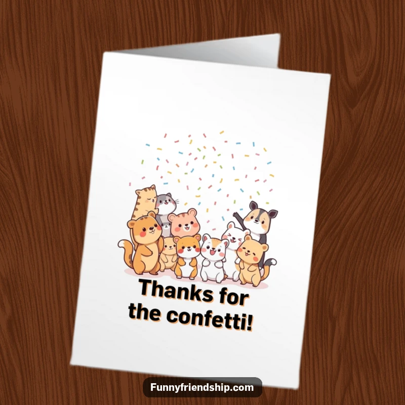 Funny free printable thank you card: various animal characters toss confetti at each other.