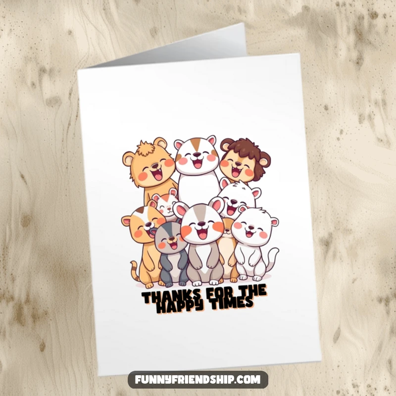 Funny Free Printable Thank You Card featuring a variety of animals sharing a hearty, joyful laugh together, a delightful way to say thanks.
