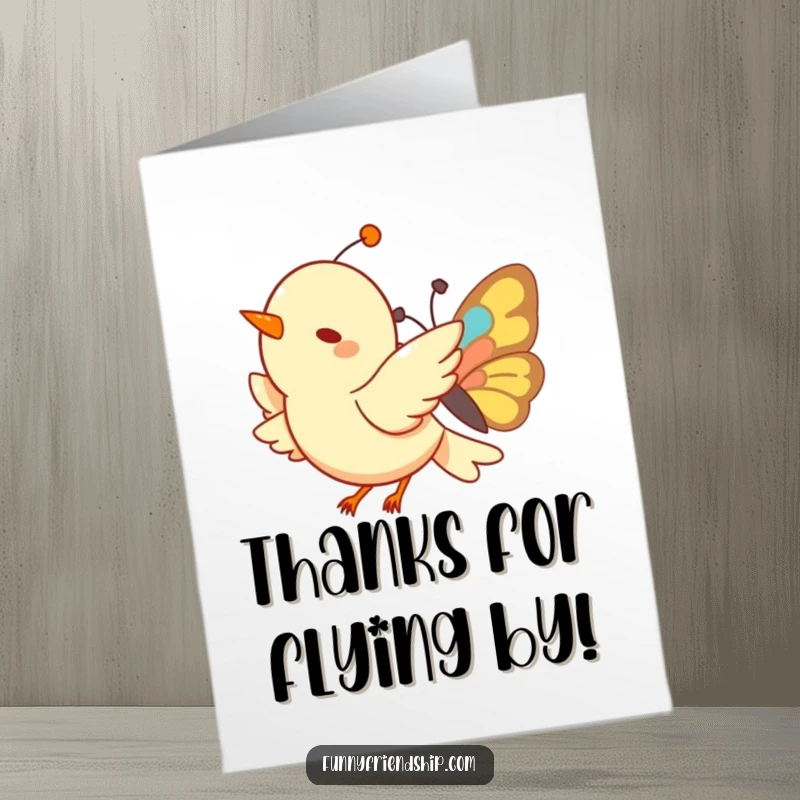 Funny Free Printable Thank You Card: A happy bird and butterfly flying together, conveying warm thanks.