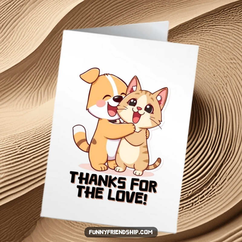 Funny free printable thank you card: a cute dog hugs a surprised cat, expressing thanks.