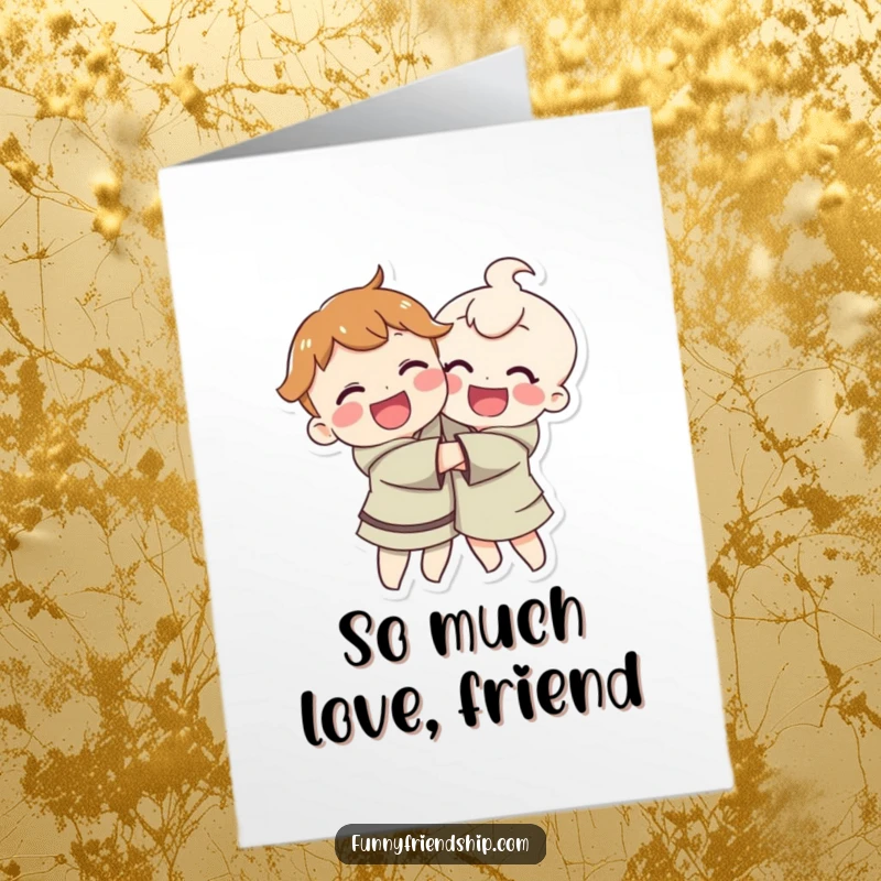 Funny free printable thank you card: Two joyful characters giving each other a big, happy hug.