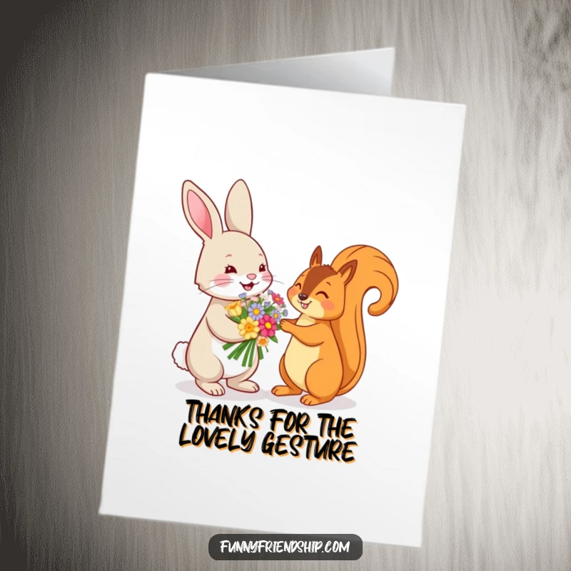 Funny Free Printable Thank You Card: Rabbit gives a beautiful flower bouquet to a squirrel, expressing thanks, downloadable art.