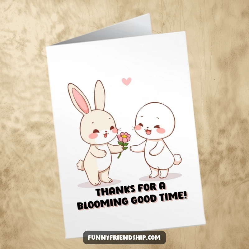 Funny Free Printable Thank You Card: A cute rabbit character kindly offers a flower to a happy companion, saying thanks sweetly.