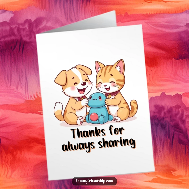 Funny Free Printable Thank You Card depicting a happy dog and cat sharing a toy, spreading joy and appreciation.