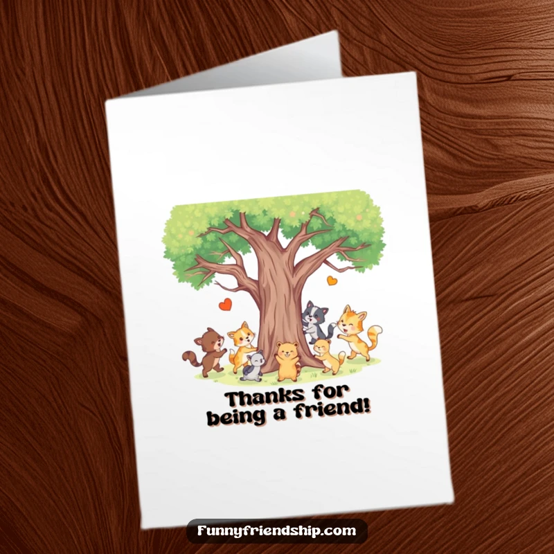 Funny Free Printable Thank You Card featuring animals playing tag, a happy downloadable way to express thanks.