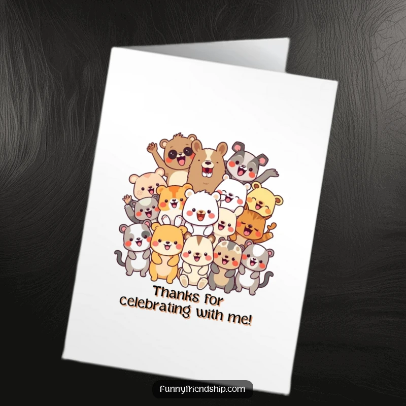 Funny Free Printable Thank You Card: A diverse group of animals celebrating, expressing thanks. Downloadable gift.
