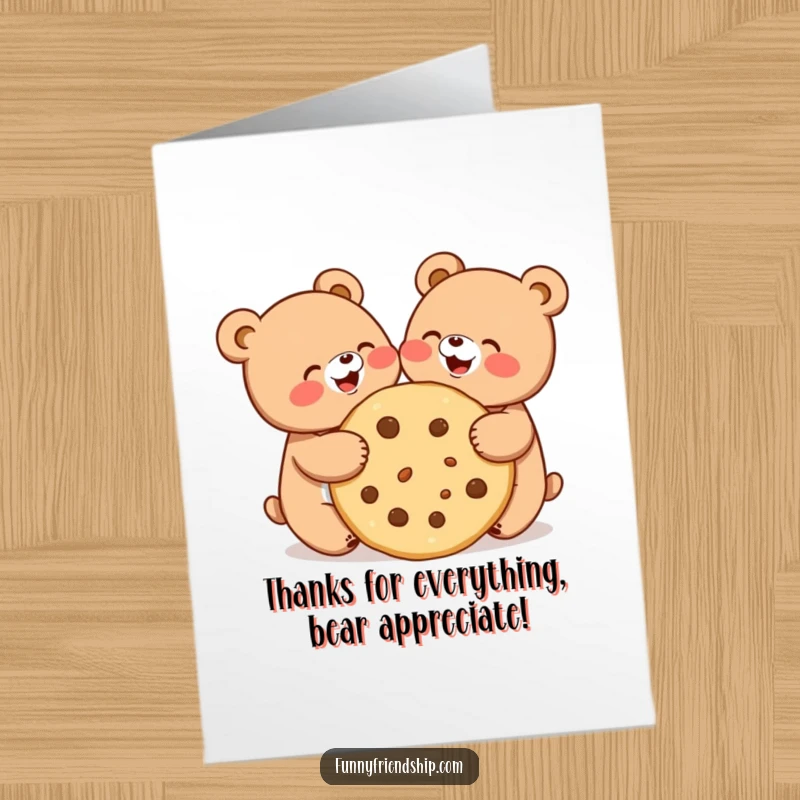 Funny Free Printable Bear Thank You Card: Two cute bears joyfully sharing a giant cookie, expressing thanks with warmth.