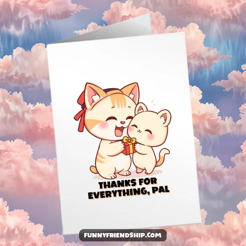 Funny Free Printable Thank You Card: A cute cat happily offers a small gift, conveying heartfelt thanks with humor.