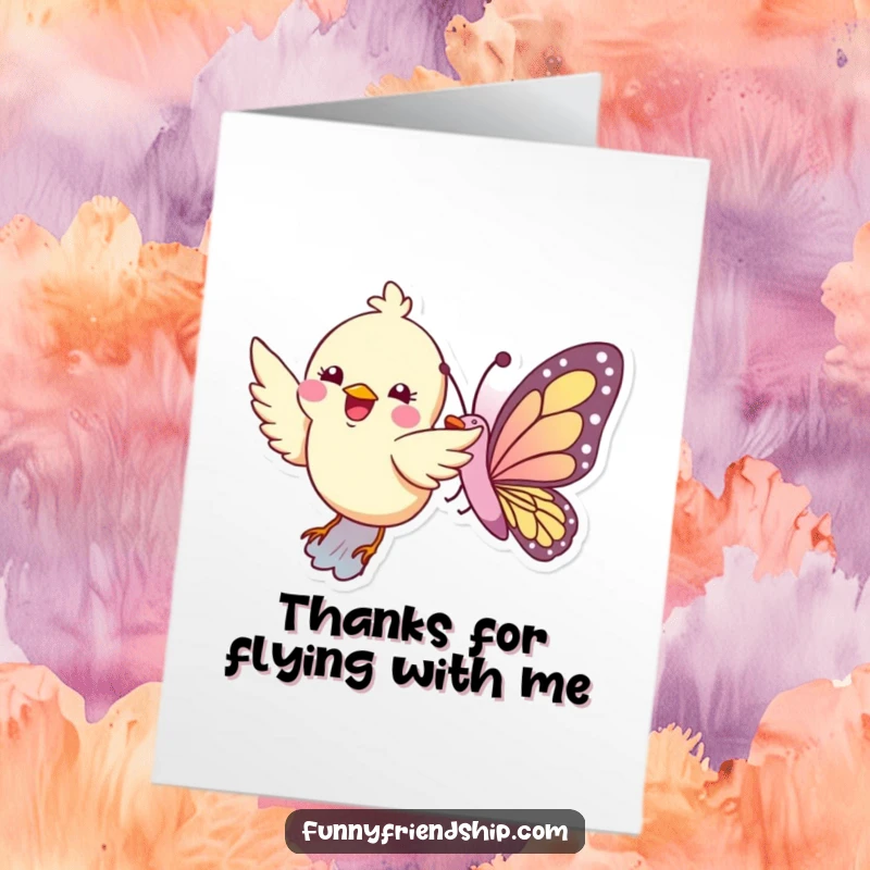 Funny Free Printable Thank You Card: A happy bird flies harmoniously with a butterfly, conveying thanks in a gentle way.