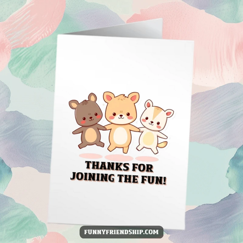 Funny Free Printable Thank You Card: Three cute animals linked hands, skipping in a circle to express thanks.