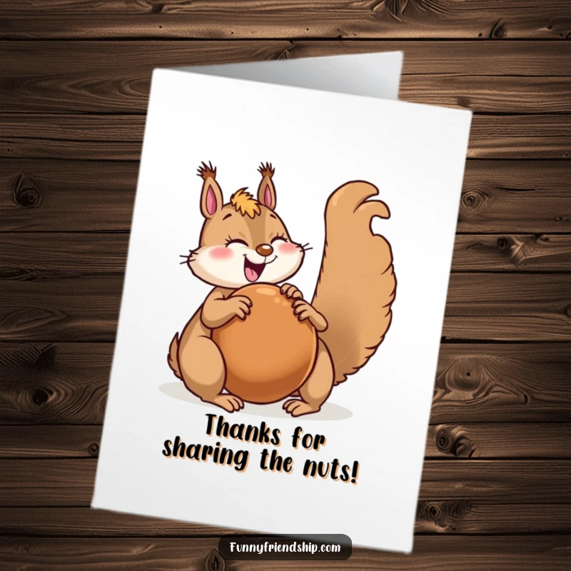 Funny Free Printable Thank You Card: A joyful squirrel sharing a large nut with a happy friend, conveying sincere thanks.