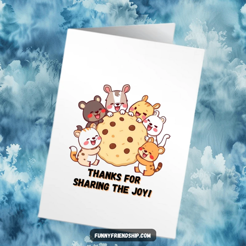 Funny Free Printable Thank You Card: Diverse animals laughing while sharing a giant cookie, expressing gratitude.