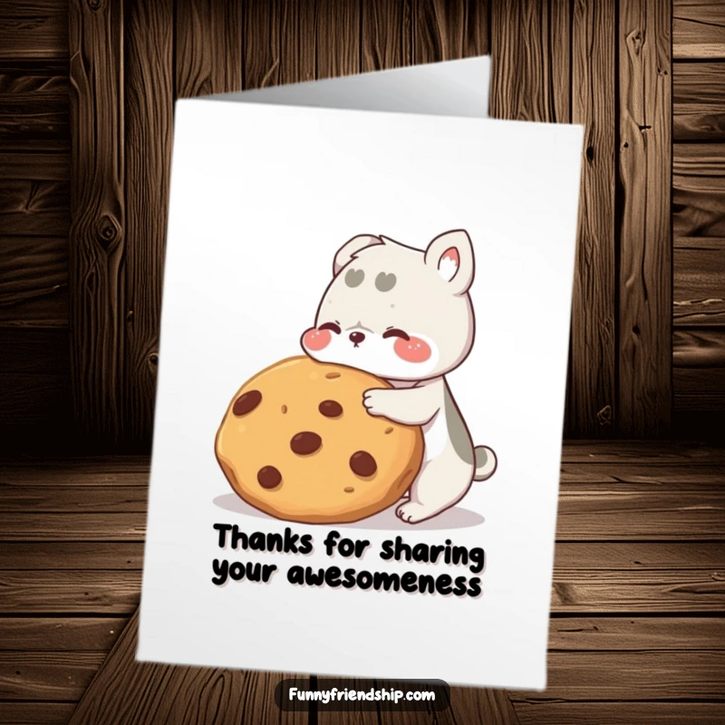 Funny free printable thank you card with two cute animals sharing a giant cookie, a sweet gesture of gratitude.