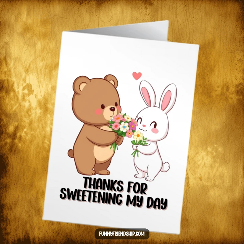 Free printable thank you card with a bear gifting flowers to a rabbit, a charming way to express gratitude.