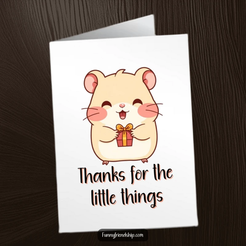 Funny Free Printable Hamster Thank You Card: A happy hamster gives a tiny gift, expressing heartfelt gratitude adorably.