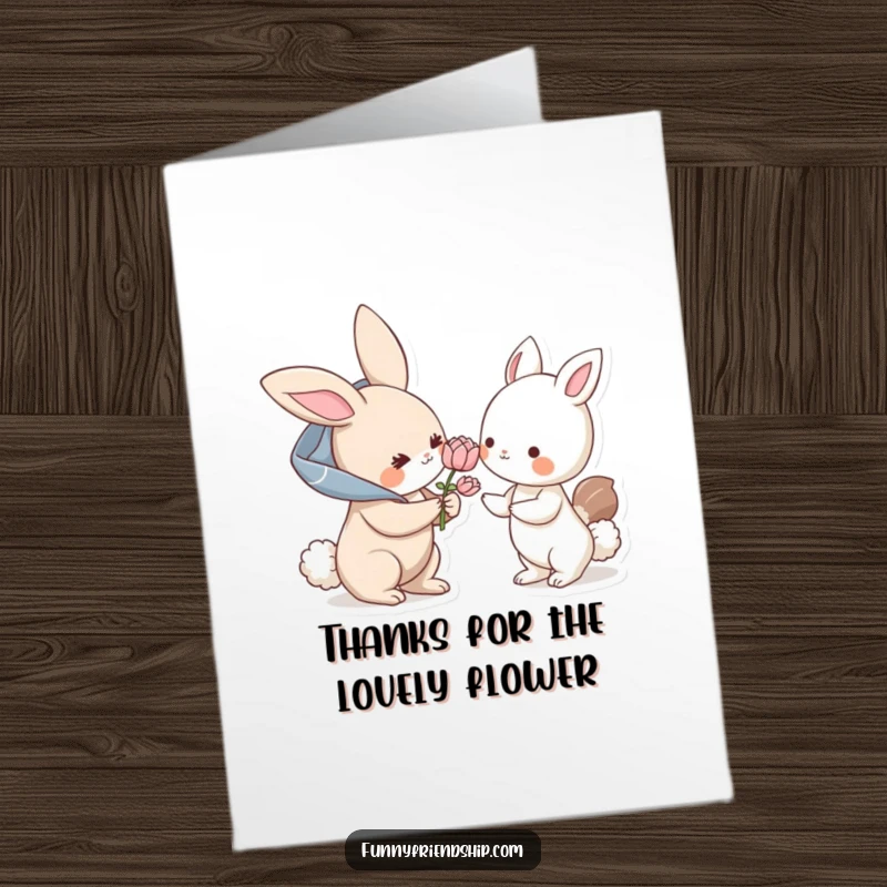 Funny Free Printable Thank You Card: A gentle bunny character offers a beautiful flower to another friendly animal, a kind gesture.