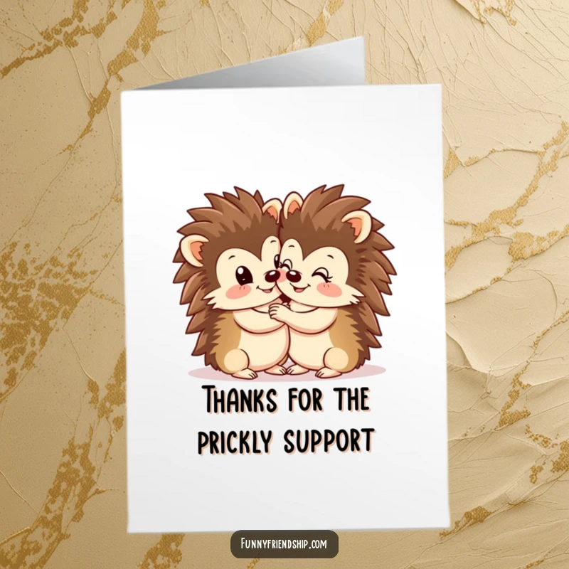 Funny Free Printable Thank You Card: Two cute hedgehogs giving a big hug to express gratitude.