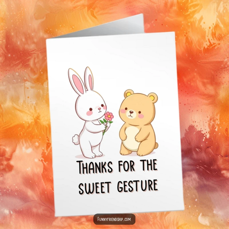 Funny Free Printable Thank You Card: A bunny offers a flower to a bear, symbolizing gentle gratitude.