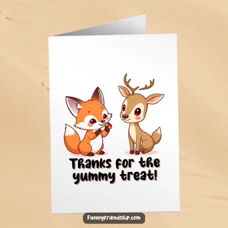 Funny free printable thank you card depicting a fox sharing food with a bashful deer.