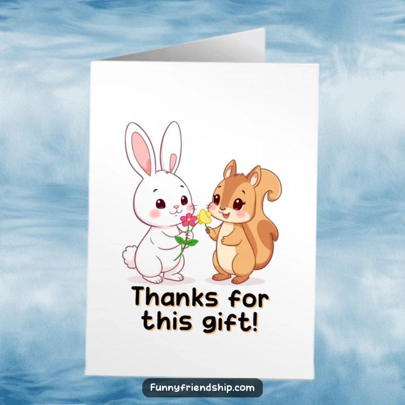 Funny free printable thank you card featuring a playful rabbit offering a flower to a shy squirrel.