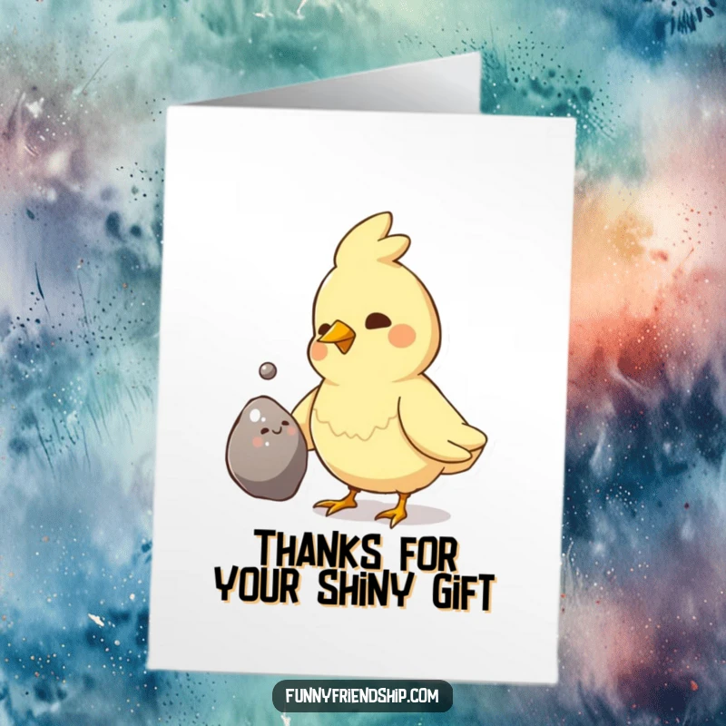 Funny Free Printable Thank You Card: A proud bird gives a shiny pebble to another, a token of thanks.