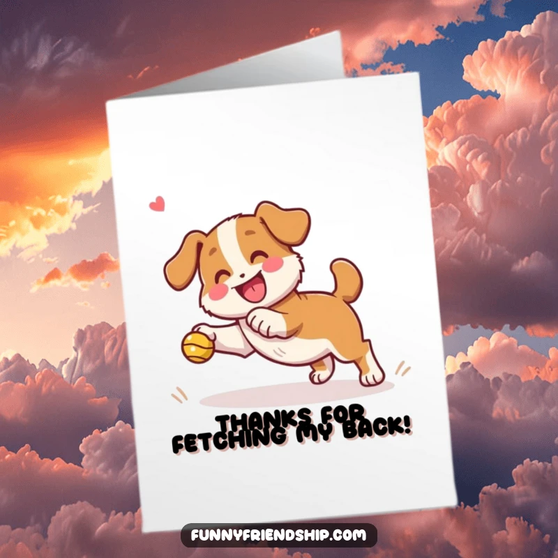 Funny Free Printable Thank You Card: A dog happily playing fetch while a friend cheers, conveying thanks with playful energy.