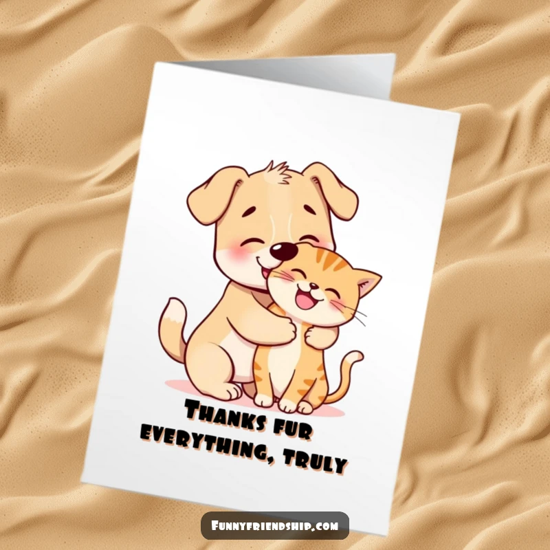 Funny Free Printable Thank You Card: A dog and cat embrace in a playful hug, conveying heartfelt thanks.