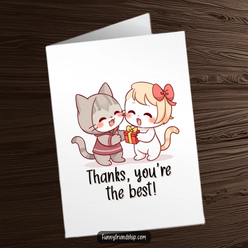 Funny Free Printable Thank You Card: A cat character excitedly offering a small gift to another character.