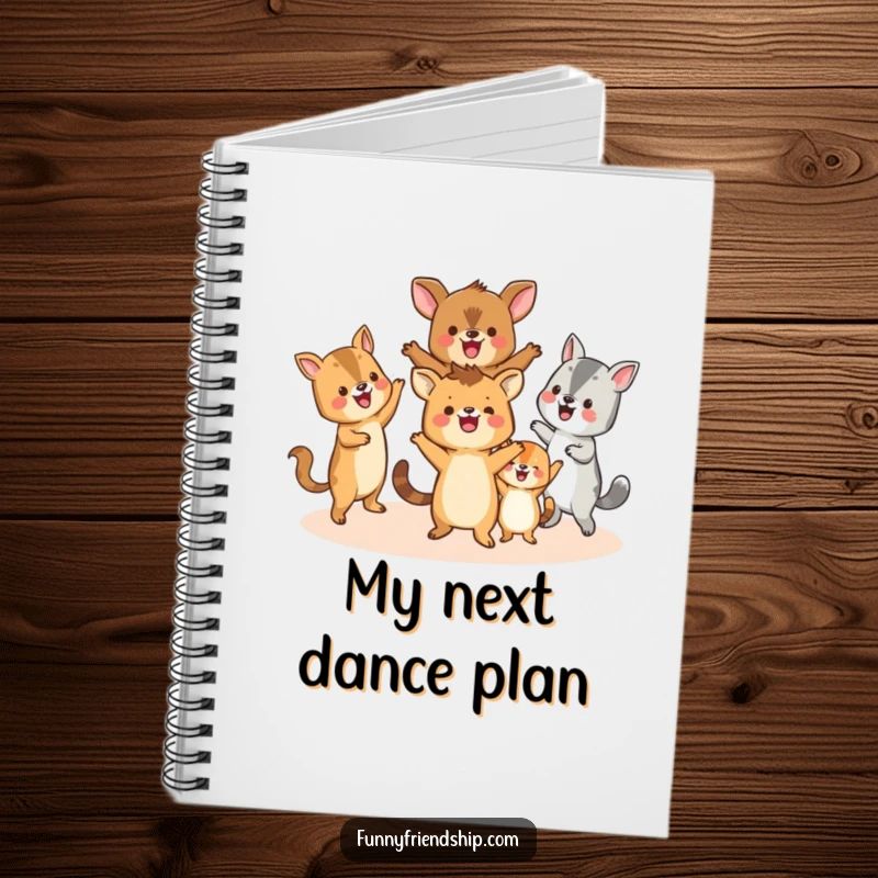 Funny notebook with happy animals dancing in a circle, ideal for note-taking with a fun and humorous energy.