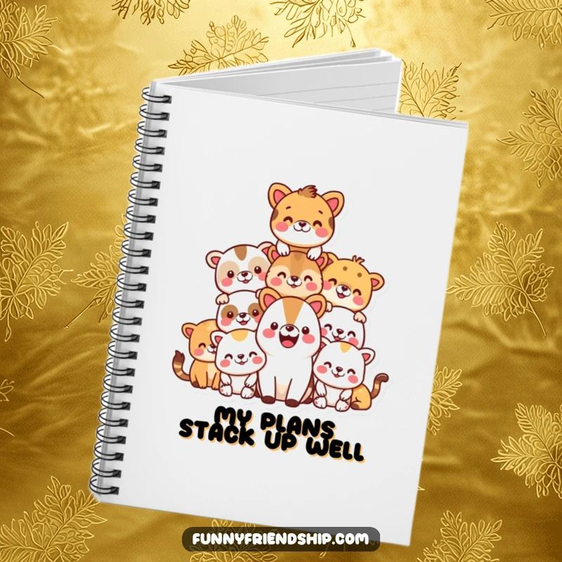 Funny notebook cover with a pyramid of happy animals, perfect for jotting down notes and ideas humorously.