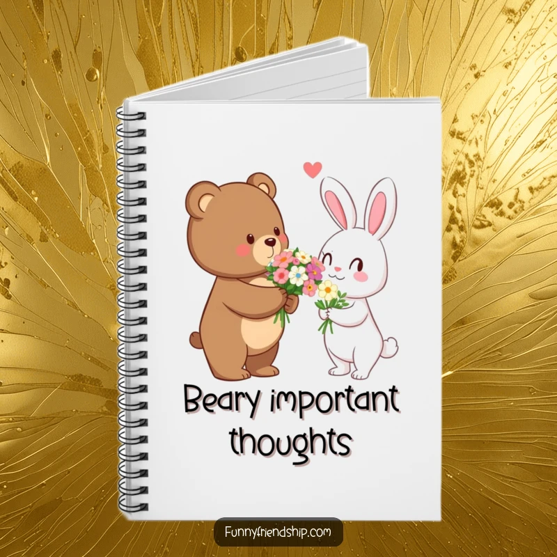 Funny bear presenting flowers to a rabbit on a notebook cover, ideal for journaling with a romantic and humorous theme.