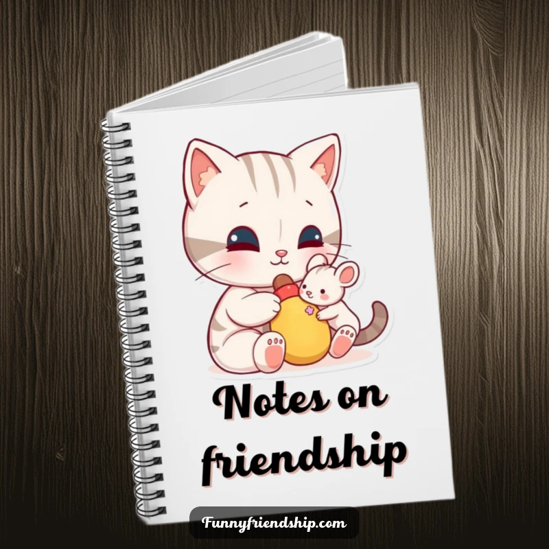 Funny notebook: a cat character shares a toy with a small mouse, perfect for jotting down kind thoughts and sweet ideas.