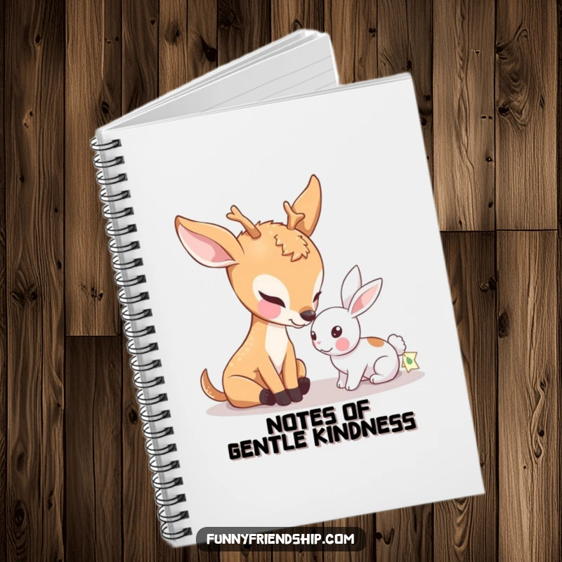 Funny notebook with a gentle deer character nudging a small rabbit, encouraging peaceful writing and capturing heartwarming thoughts.
