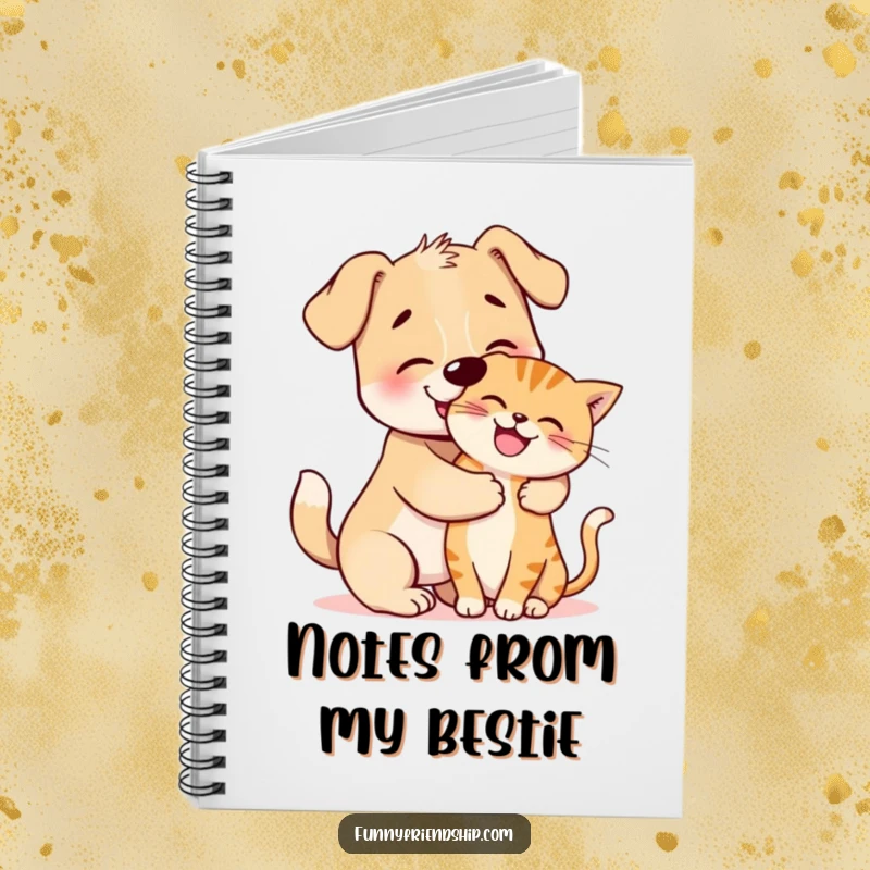 Funny Notebook: Cover art of a dog character playfully hugging a happy cat, ideal for journaling or note-taking.