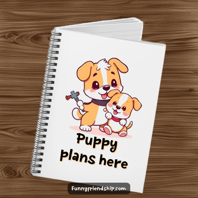 Funny dog notebook with a loyal dog shielding a playful puppy, perfect for jotting down notes with a smile.