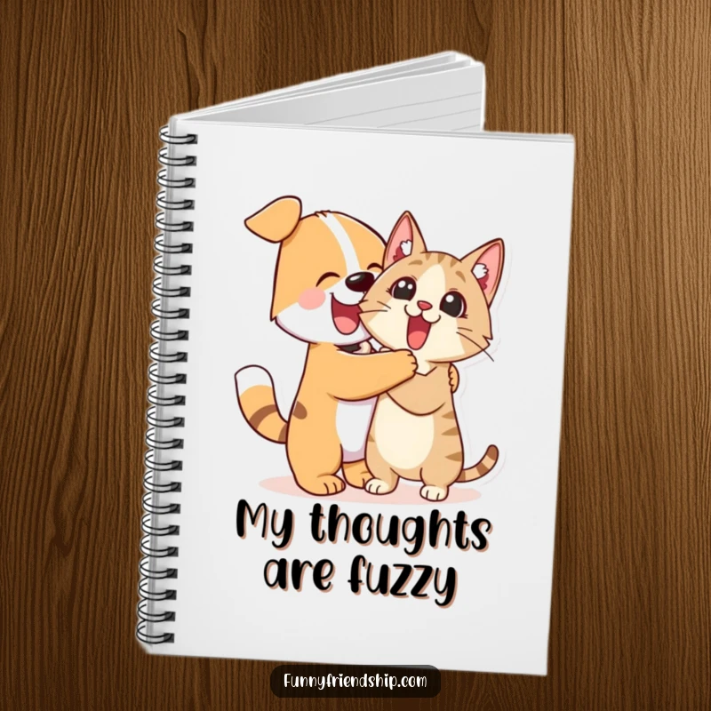 Funny Notebook: Enthusiastic dog character hugging a surprised cat character, ideal for jotting down funny pet stories and notes.