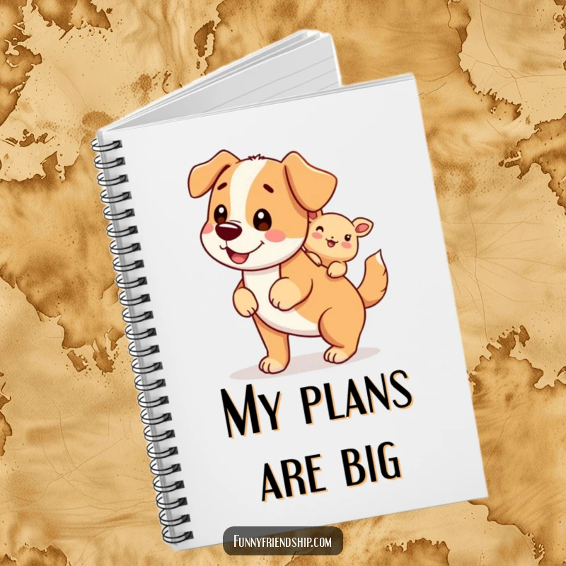 Funny notebook with a dog character giving a piggyback ride, ideal for journaling and notes.