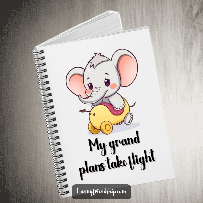 Funny Notebook: Cover art of a playful elephant offering a ride on its trunk, ideal for journaling or note-taking.